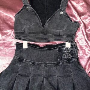 Black Denim Two-Piece Crop Top and Pleated Skirt Set